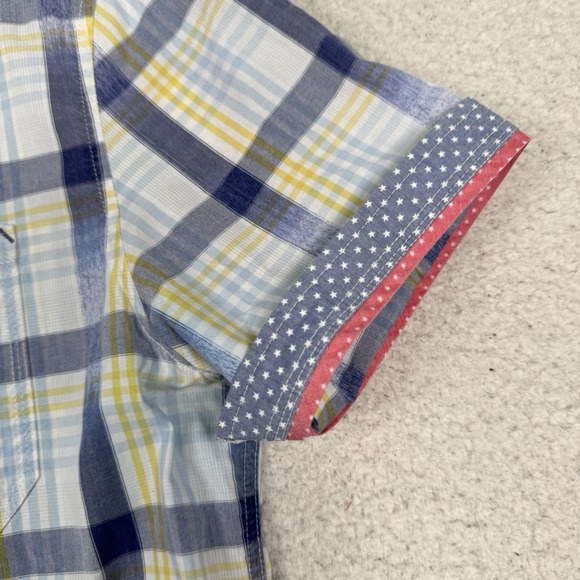 7 Diamonds Shirt Mens Medium Surf Rider Blue Yellow Plaid Button Up Short Sleeve - Picture 3 of 9